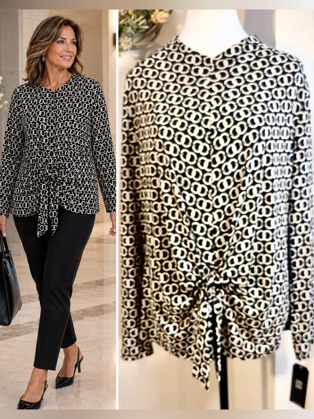 💥NWT Clara Sun Woo Textured Chain Center Front Tie Stretch Knit Blouse~1X💚